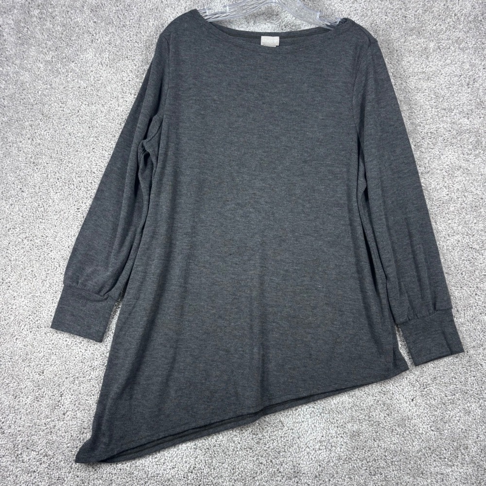 Chicos Charcoal Gray Asymmetrical Tunic Top Boat Neck Long Sleeve Size 2 Large